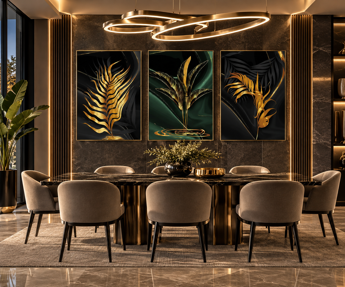 Gold Leaves Abstract Canvas Wall Art | Modern Black & Gold Print