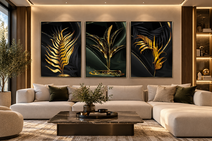 Gold Leaves Abstract Canvas Wall Art | Modern Black & Gold Print