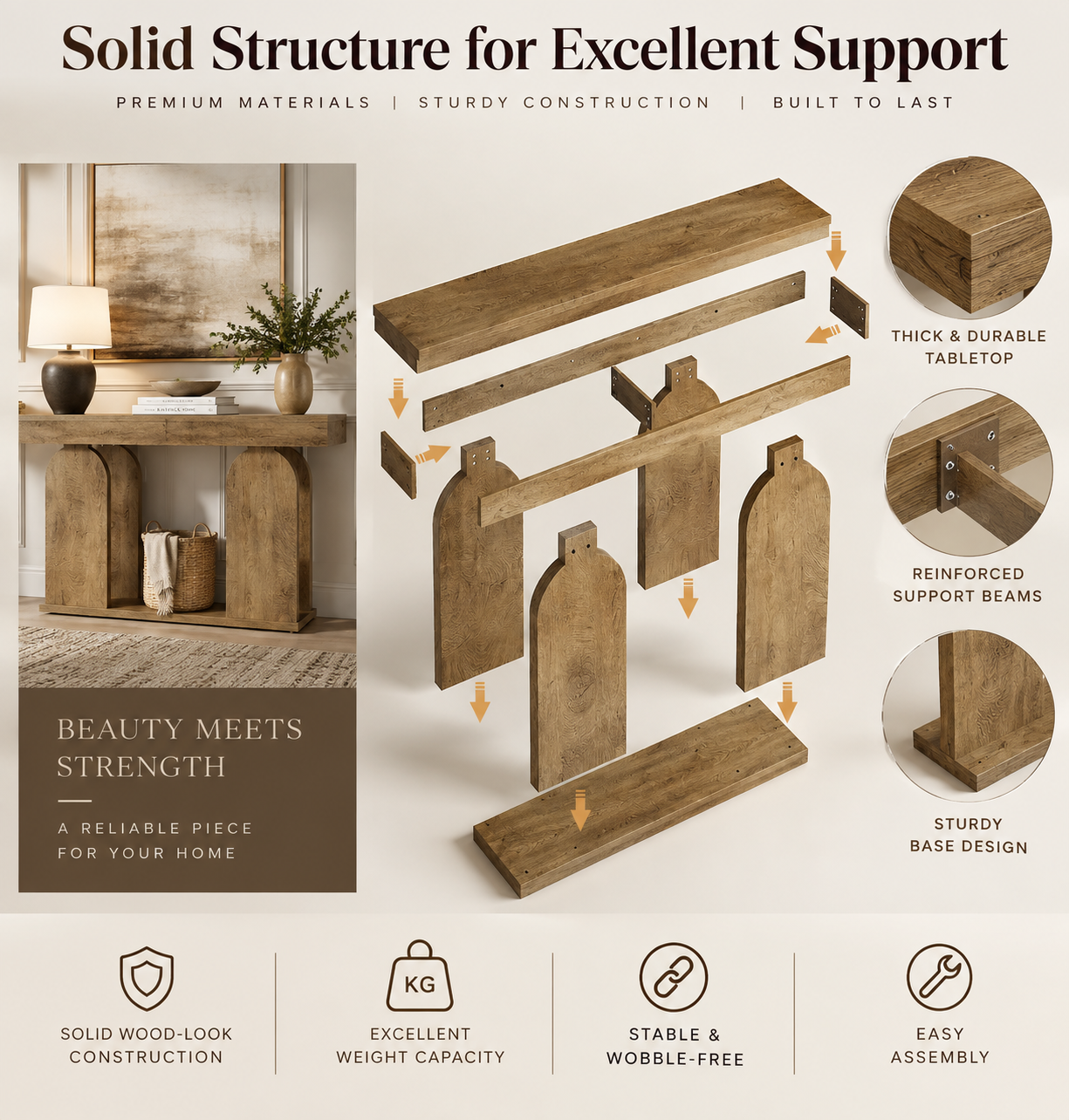 Farmhouse U-Shaped Wood Console Table