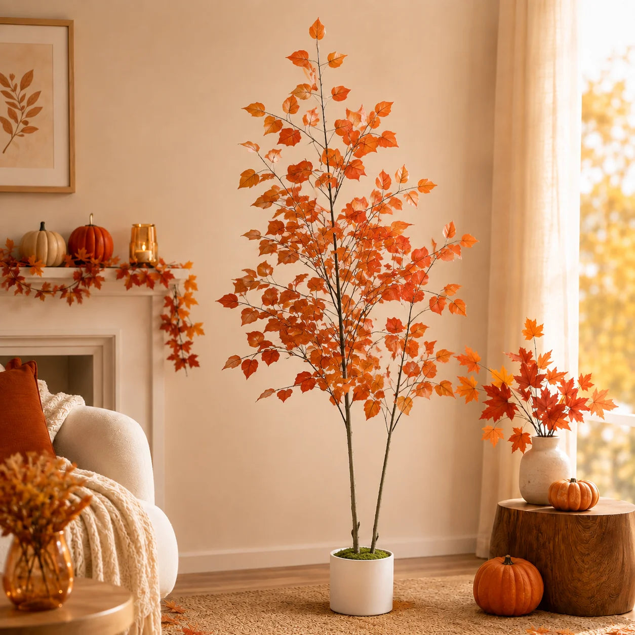 Artificial Birch Tree with Autumn Maple Leaves