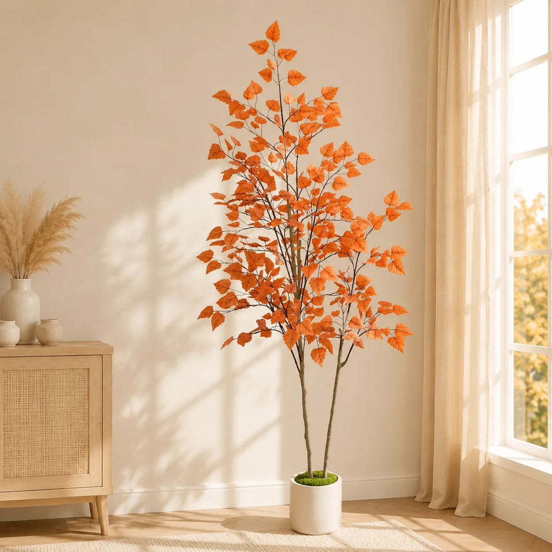 Artificial Birch Tree with Autumn Maple Leaves