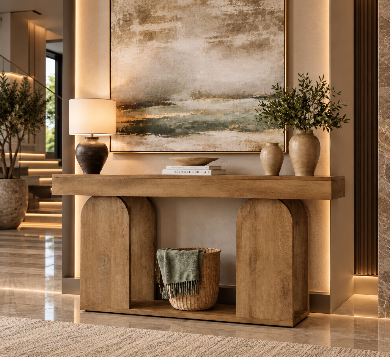 Farmhouse U-Shaped Wood Console Table