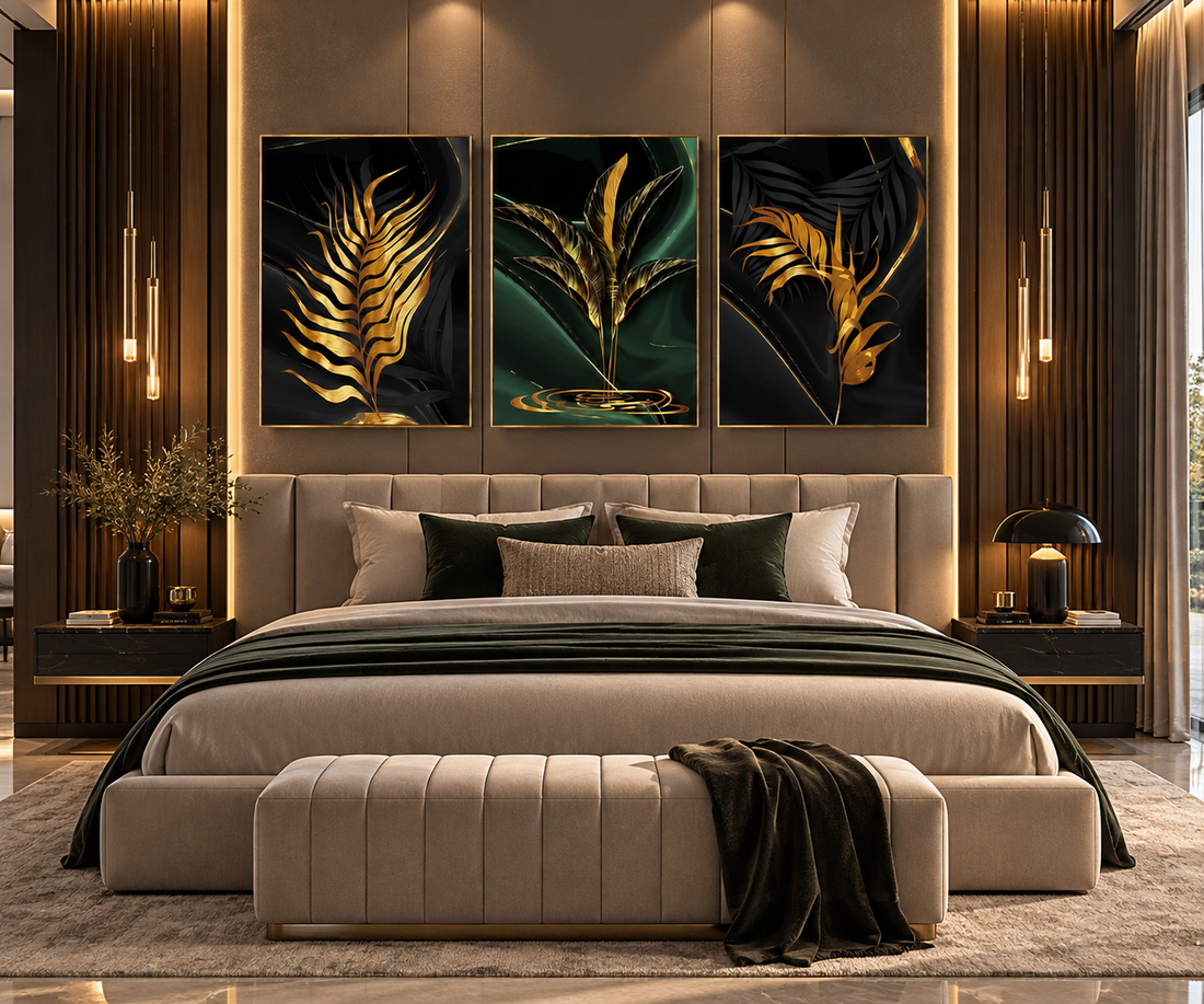 Gold Leaves Abstract Canvas Wall Art | Modern Black & Gold Print