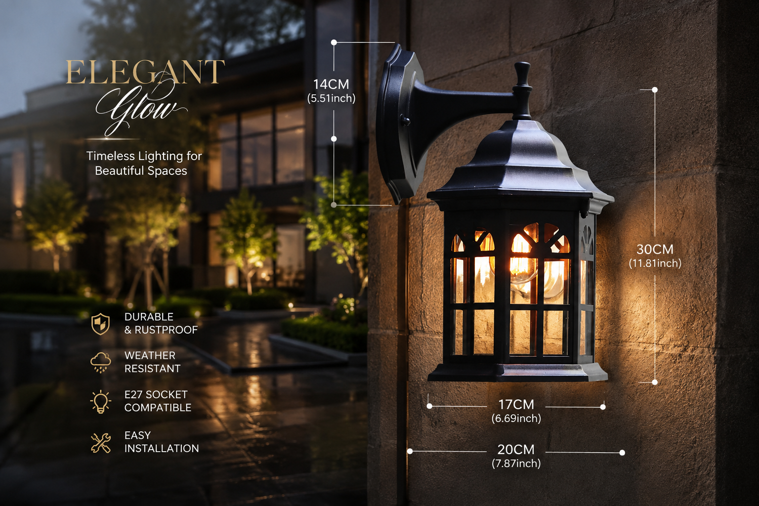 Retro Outdoor Wall Sconce – E27 IP54 Aluminum & Glass