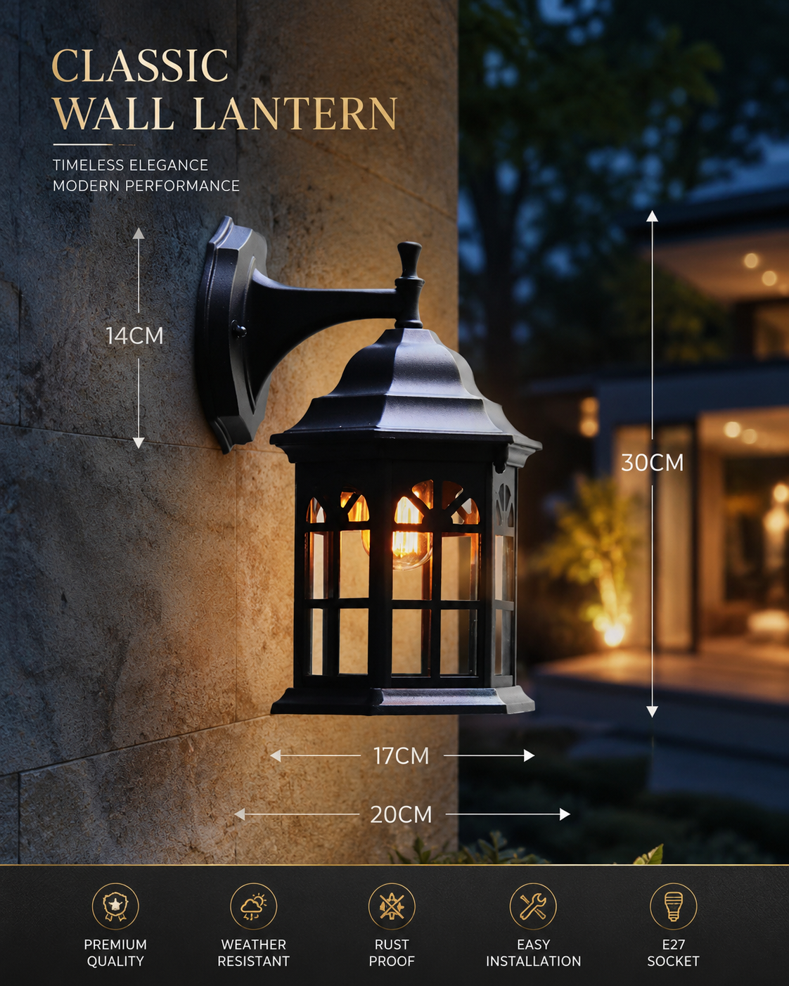 Retro Outdoor Wall Sconce – E27 IP54 Aluminum & Glass