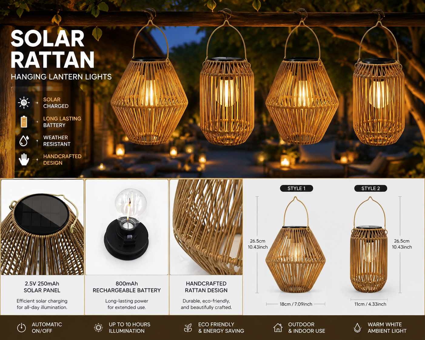 Solar Rattan Hanging Lantern – IP65 Waterproof Boho Garden Light