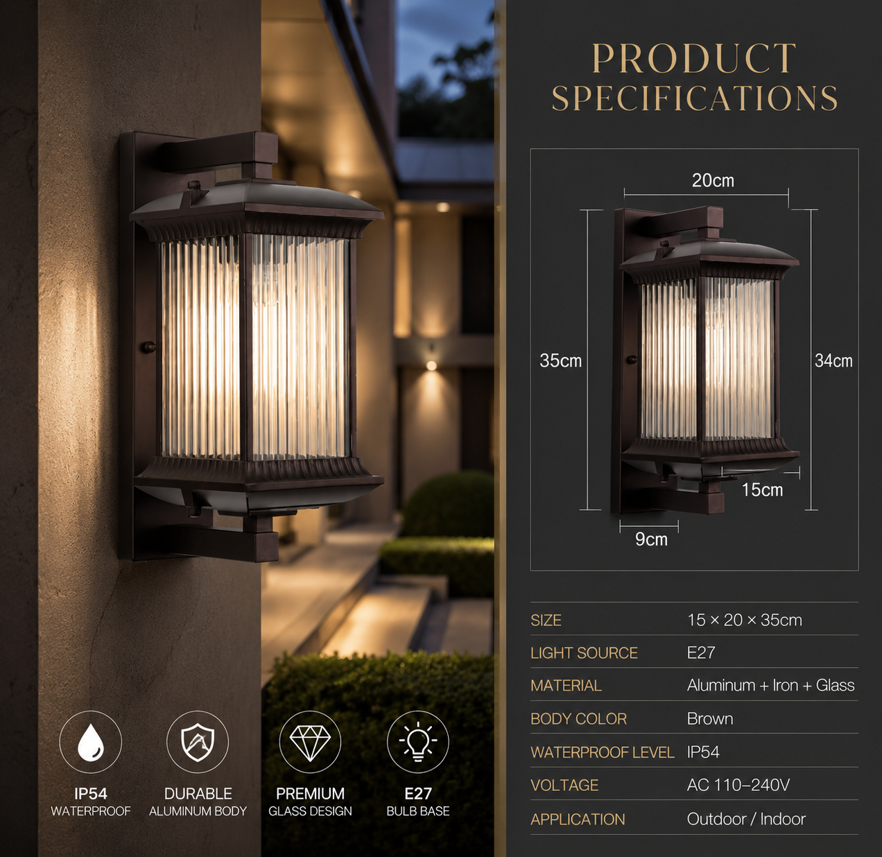 Aluminum & Glass Outdoor Wall Lamp