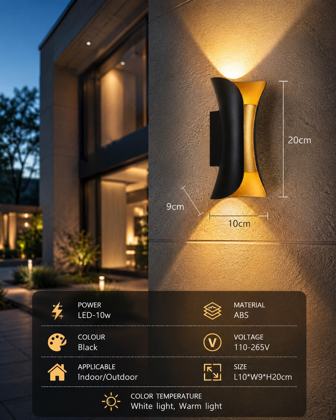 LED Outdoor Wall Light – 6W IP65 Waterproof, Modern Black, Warm & Cool White
