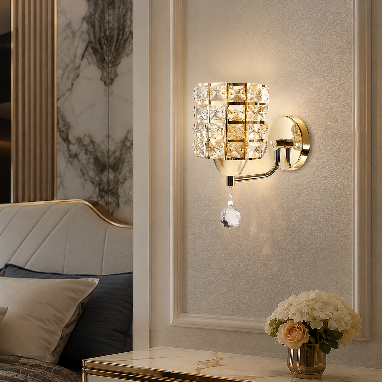 K9 Crystal Wall Lamp – E27 Iron, Modern Nordic, Gold or Silver, With or Without Switch