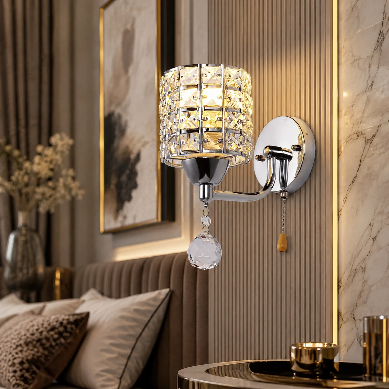 K9 Crystal Wall Lamp – E27 Iron, Modern Nordic, Gold or Silver, With or Without Switch