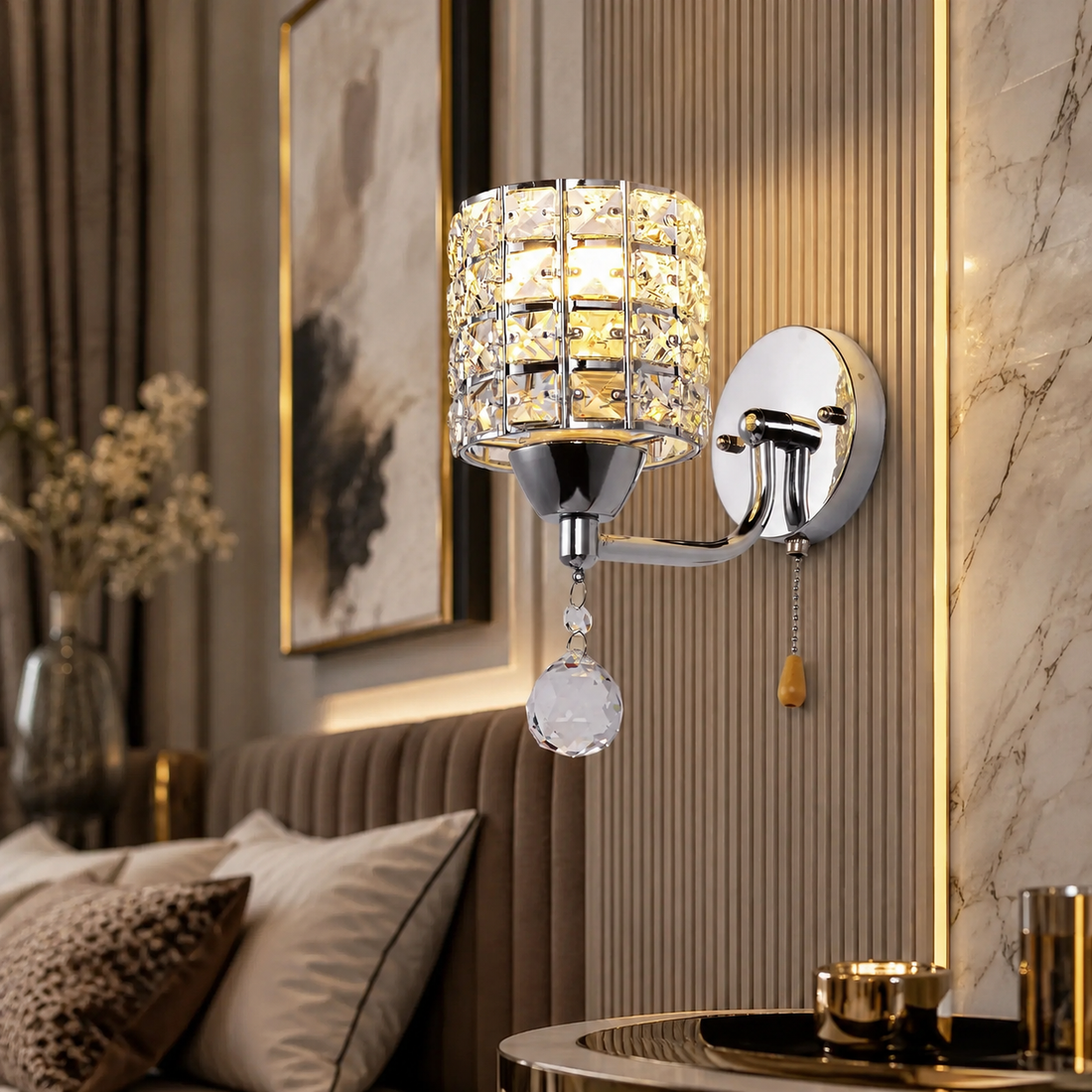 K9 Crystal Wall Lamp – E27 Iron, Modern Nordic, Gold or Silver, With or Without Switch
