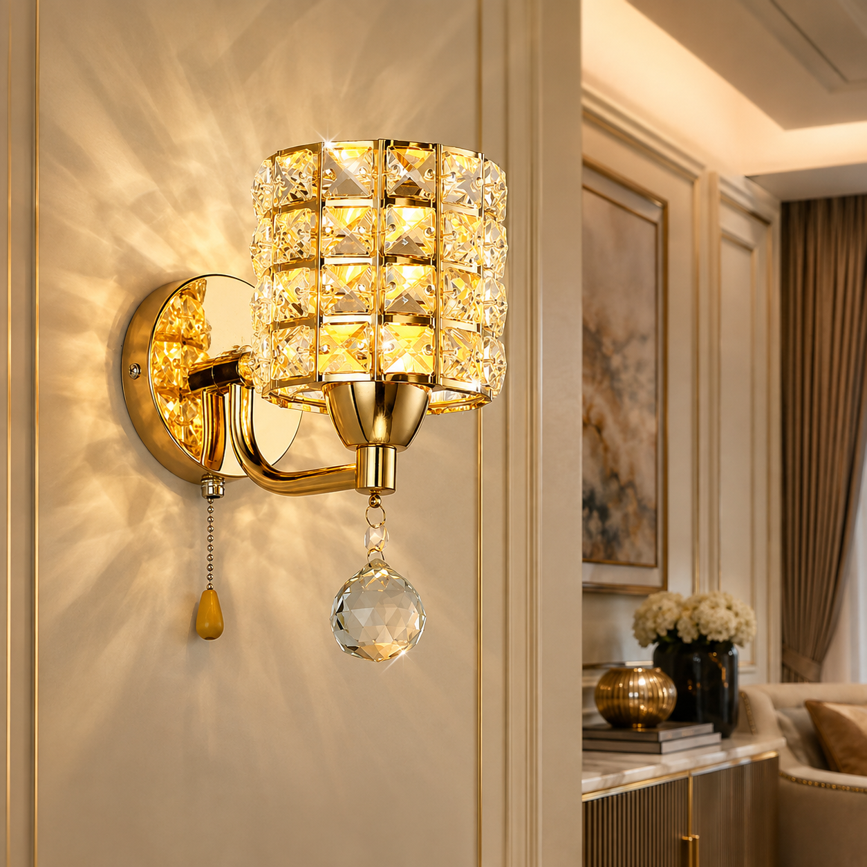 K9 Crystal Wall Lamp – E27 Iron, Modern Nordic, Gold or Silver, With or Without Switch
