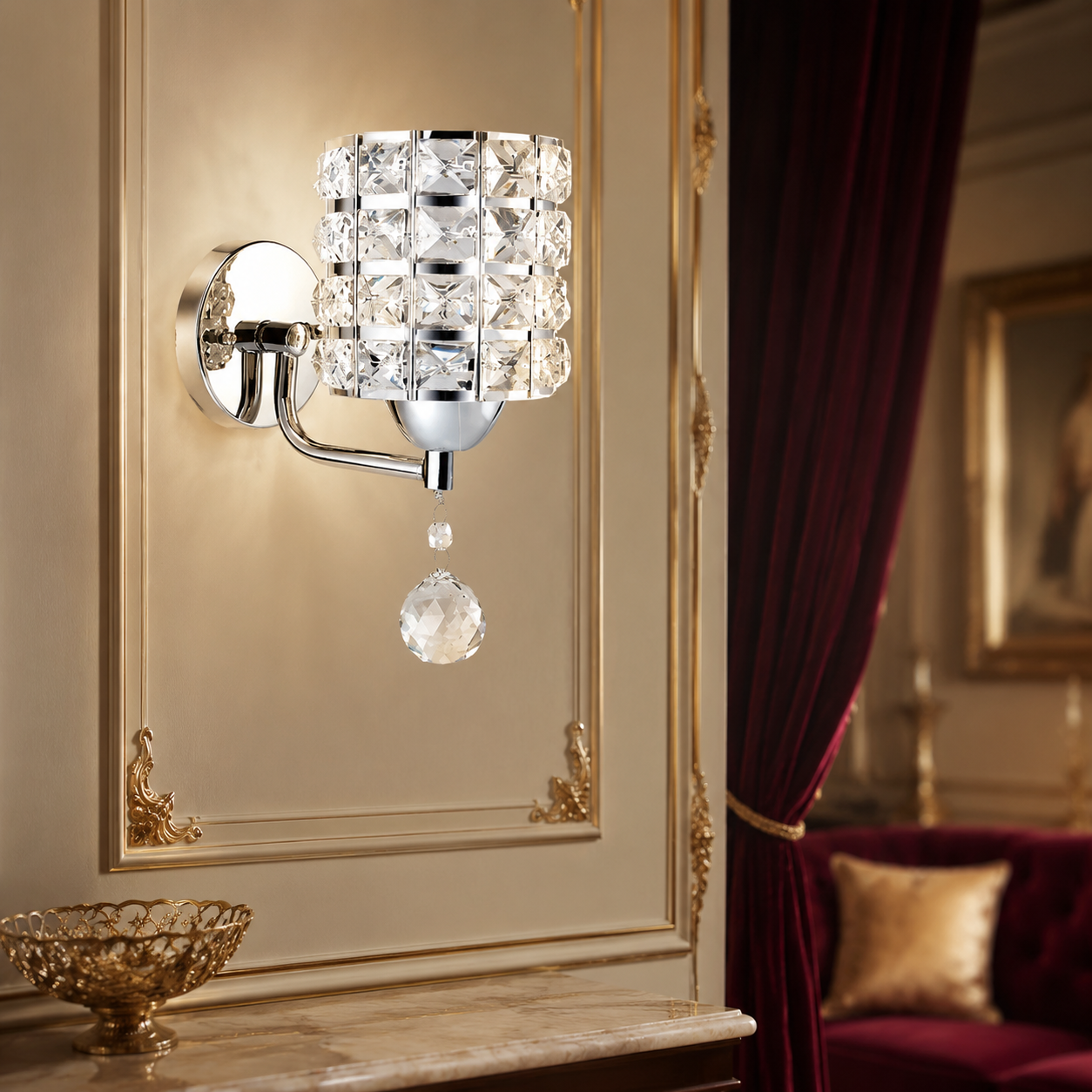K9 Crystal Wall Lamp – E27 Iron, Modern Nordic, Gold or Silver, With or Without Switch