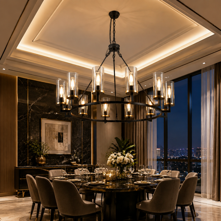 12-Light Large Glass Chandelier in Black