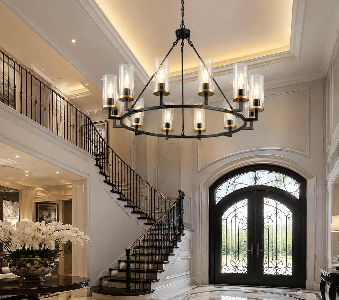 12-Light Large Glass Chandelier in Black