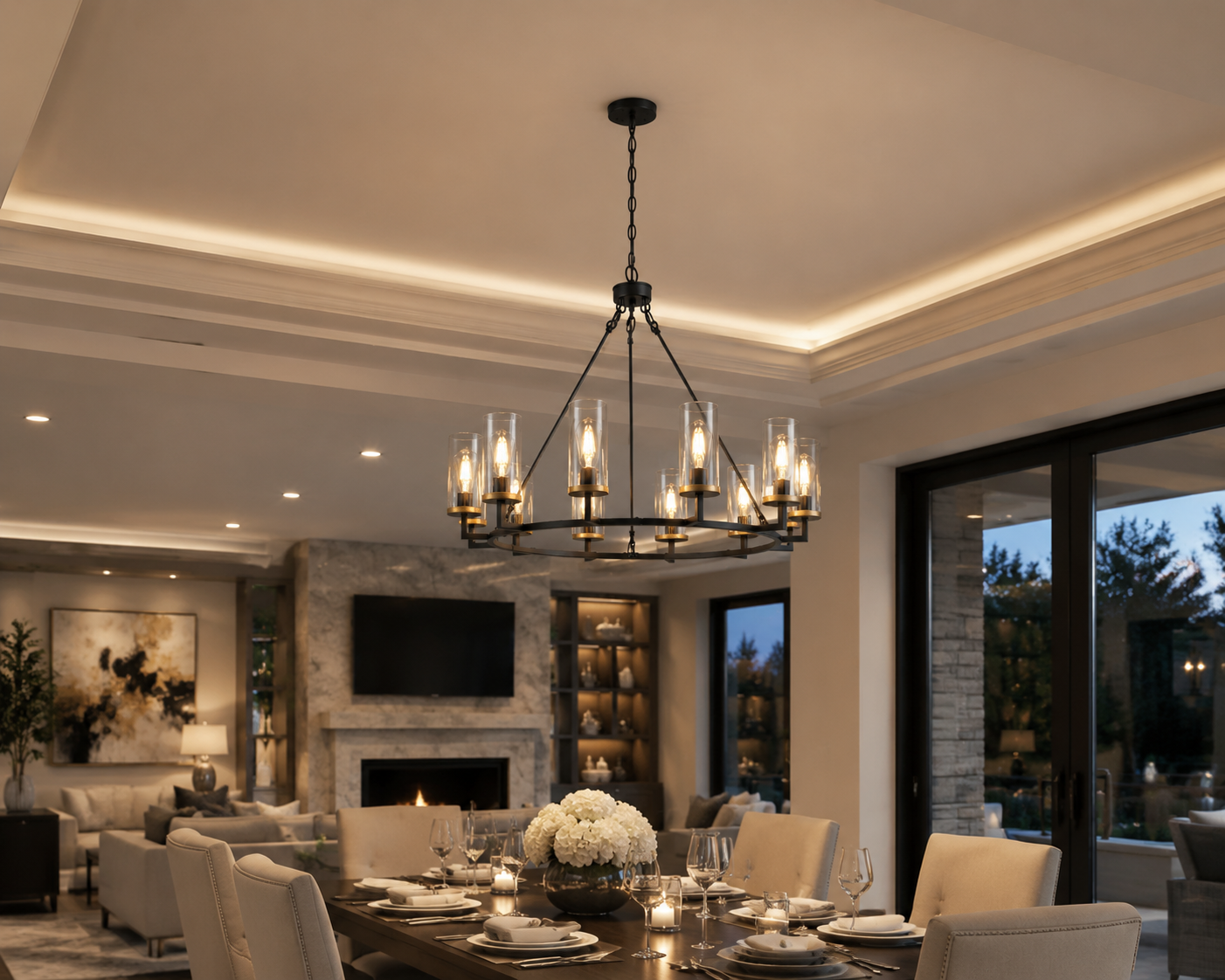 12-Light Large Glass Chandelier in Black