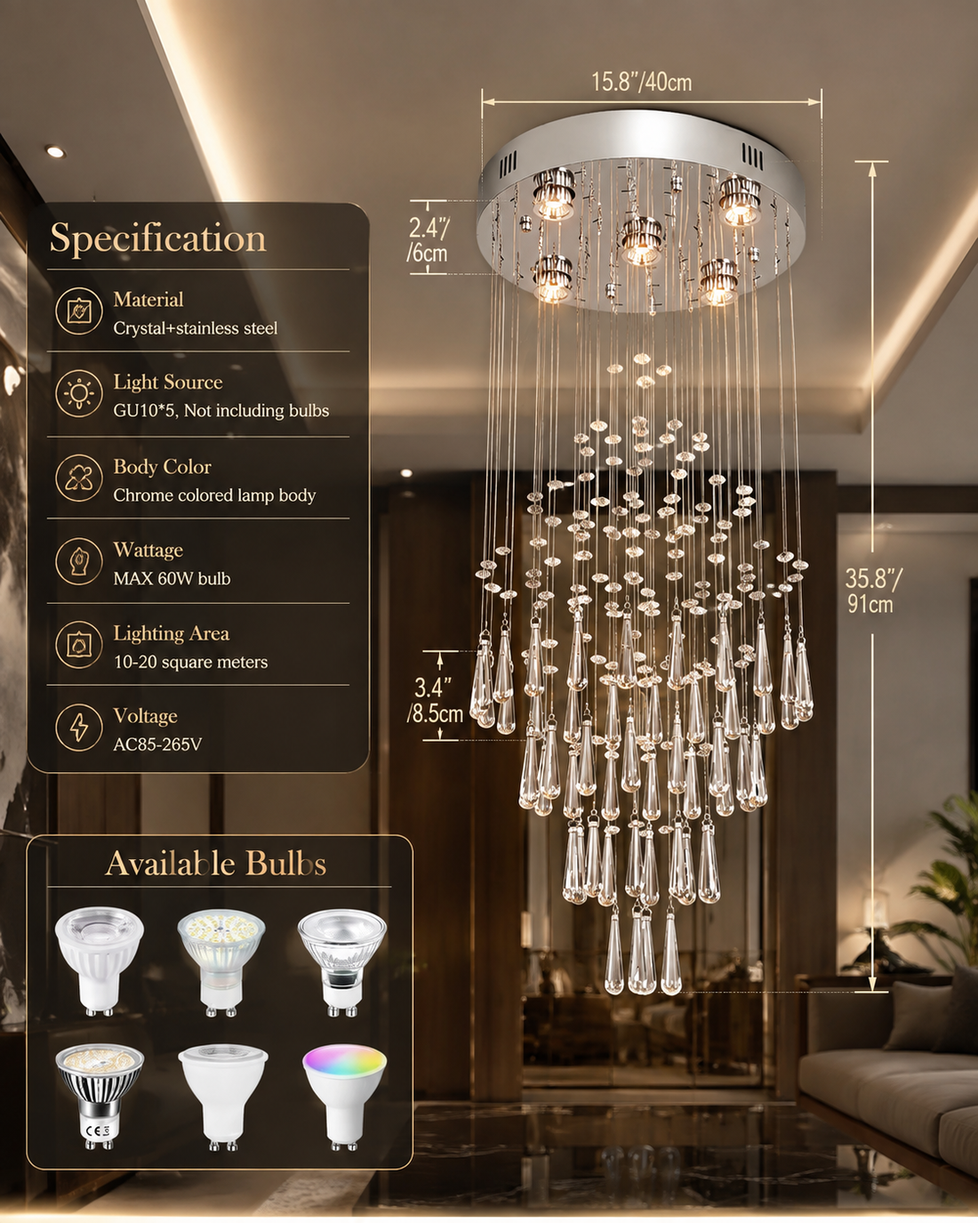 Luxury Crystal LED Chandelier | Polished Chrome | GU10 | Multi-Style