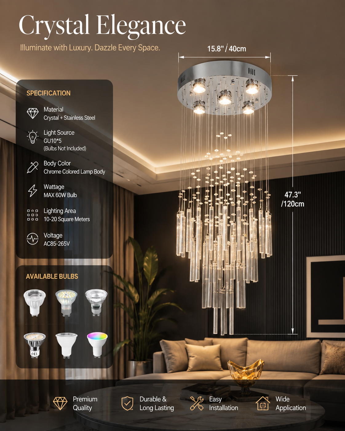 Luxury Crystal LED Chandelier | Polished Chrome | GU10 | Multi-Style