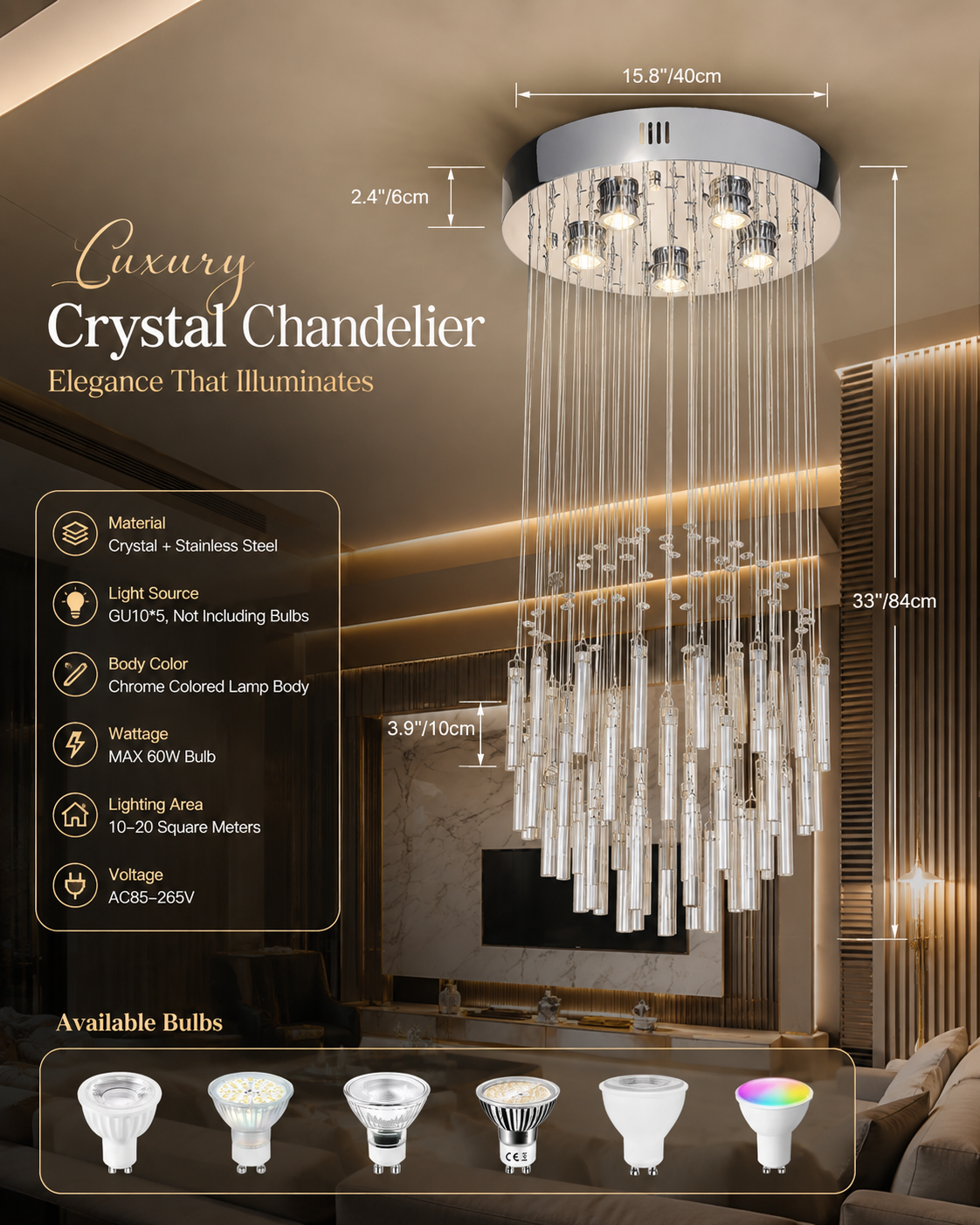 Luxury Crystal LED Chandelier | Polished Chrome | GU10 | Multi-Style