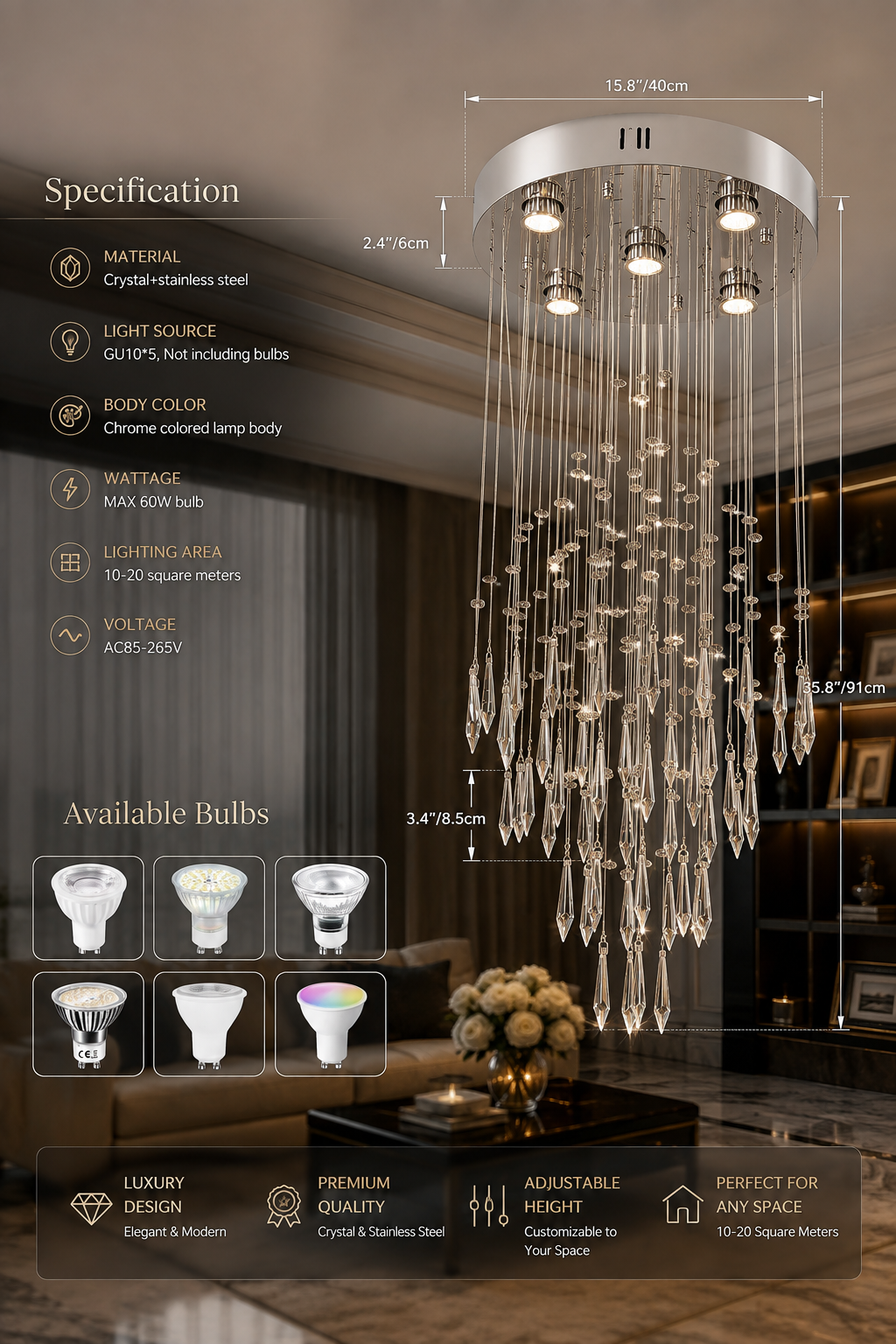 Luxury Crystal LED Chandelier | Polished Chrome | GU10 | Multi-Style