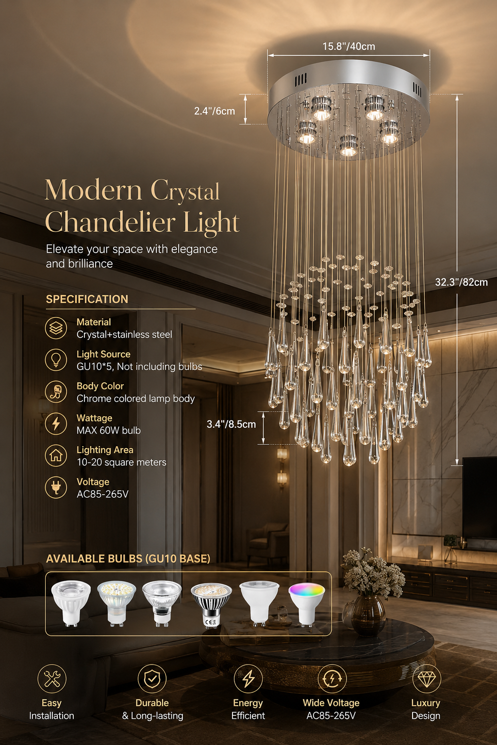 Luxury Crystal LED Chandelier | Polished Chrome | GU10 | Multi-Style
