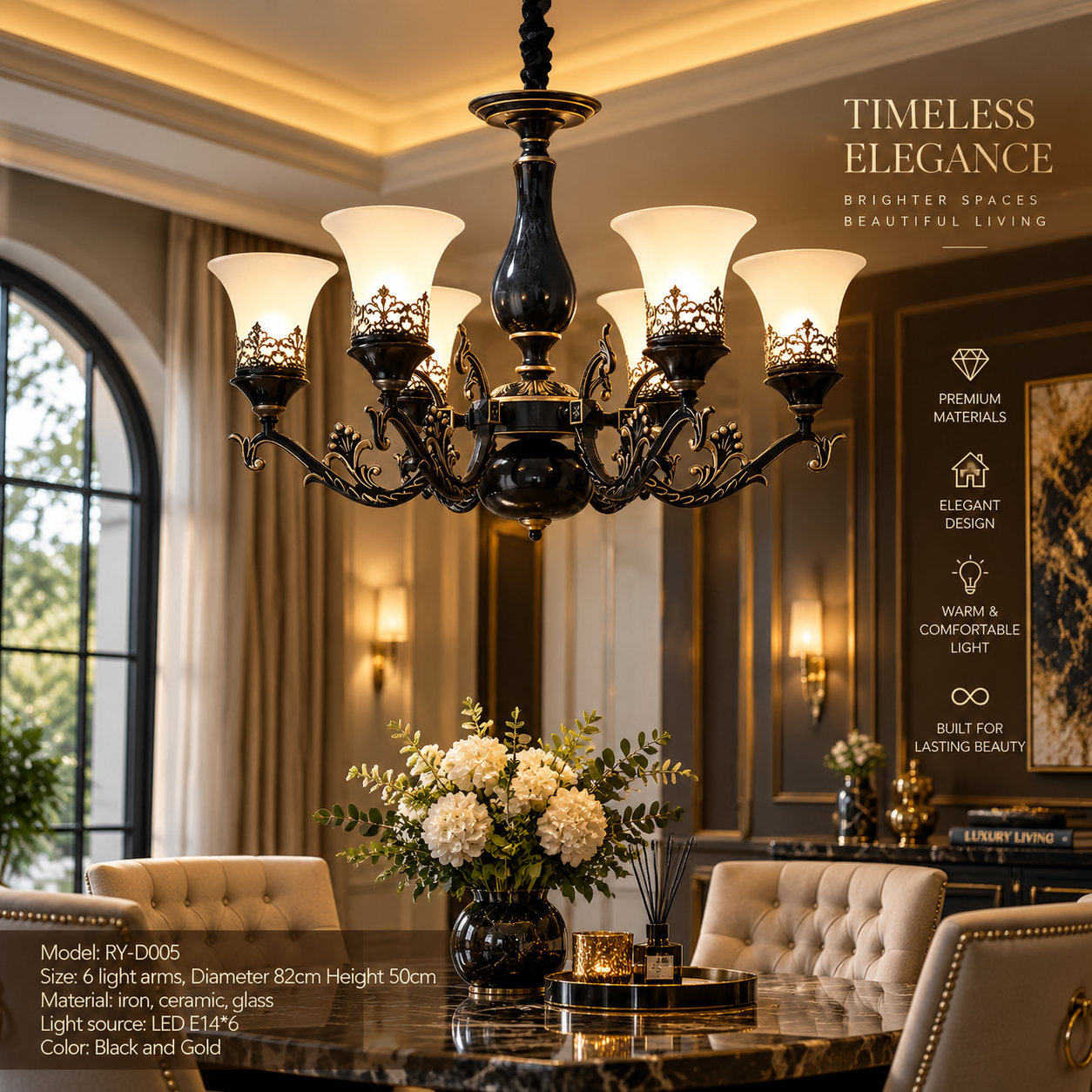 French Retro LED Chandelier – Ceramic Shade, 3/5/6/8 Arms
