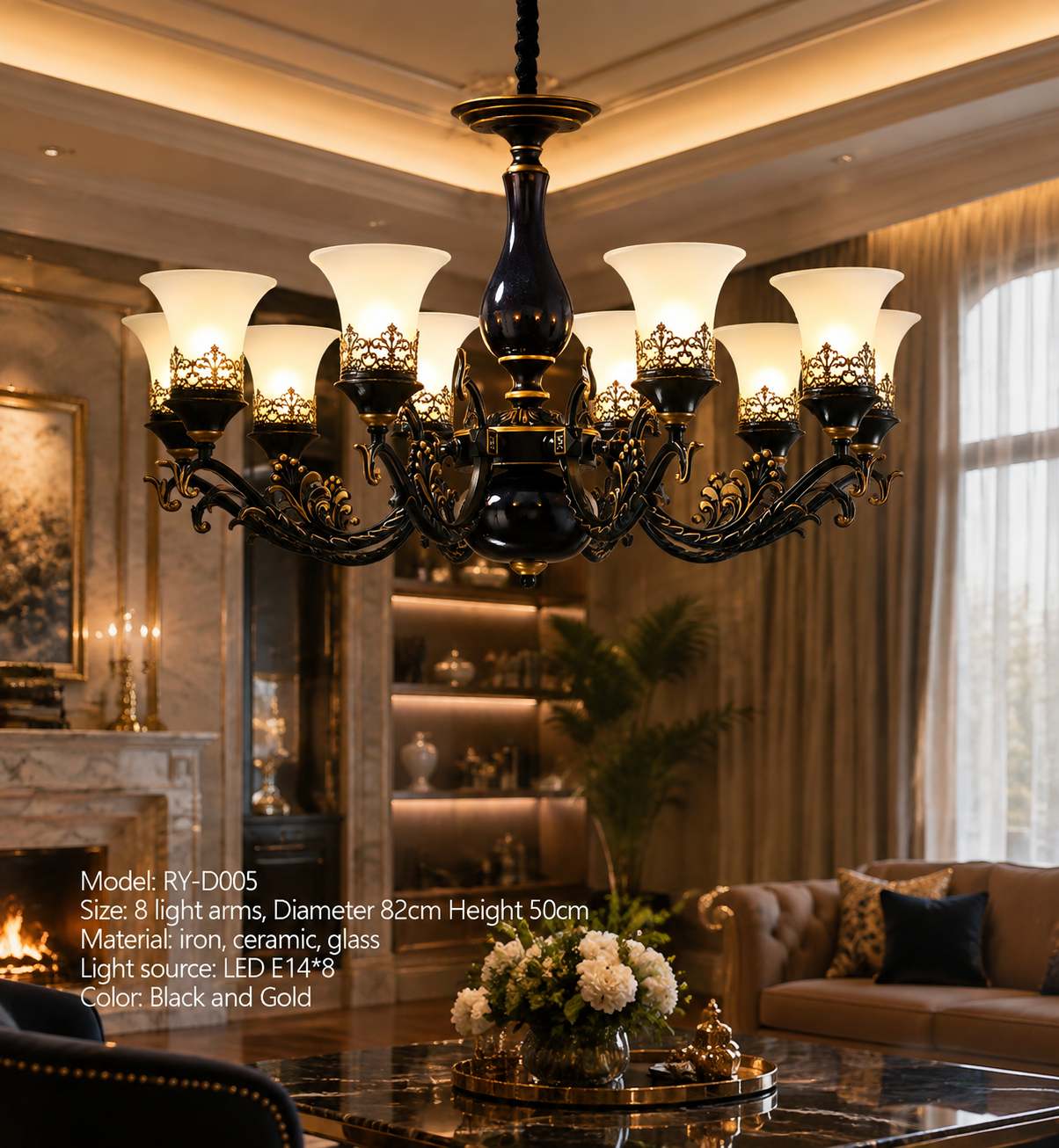 French Retro LED Chandelier – Ceramic Shade, 3/5/6/8 Arms