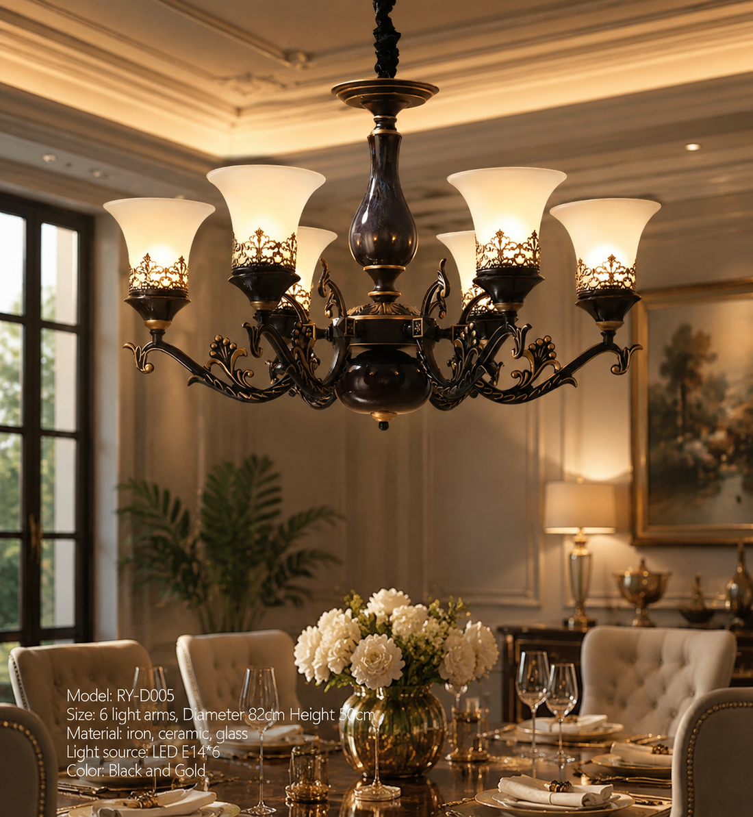French Retro LED Chandelier – Ceramic Shade, 3/5/6/8 Arms
