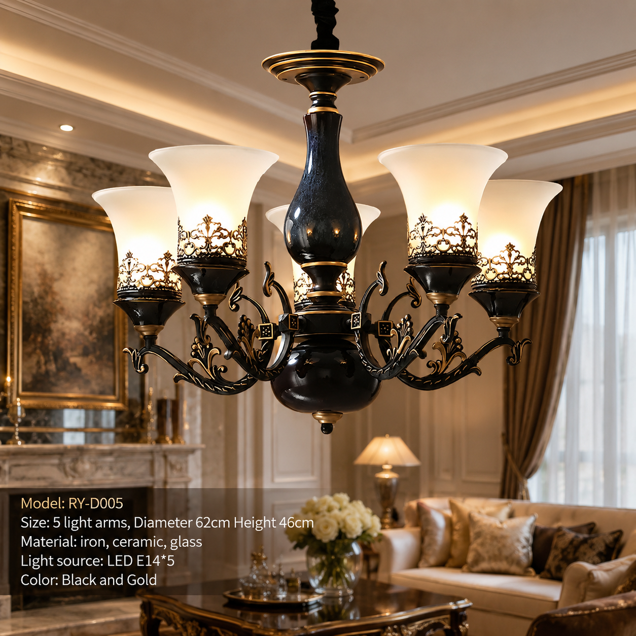 French Retro LED Chandelier – Ceramic Shade, 3/5/6/8 Arms