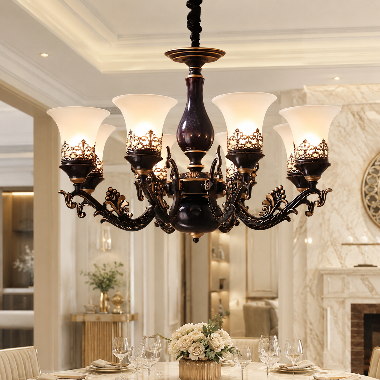 French Retro LED Chandelier – Ceramic Shade, 3/5/6/8 Arms