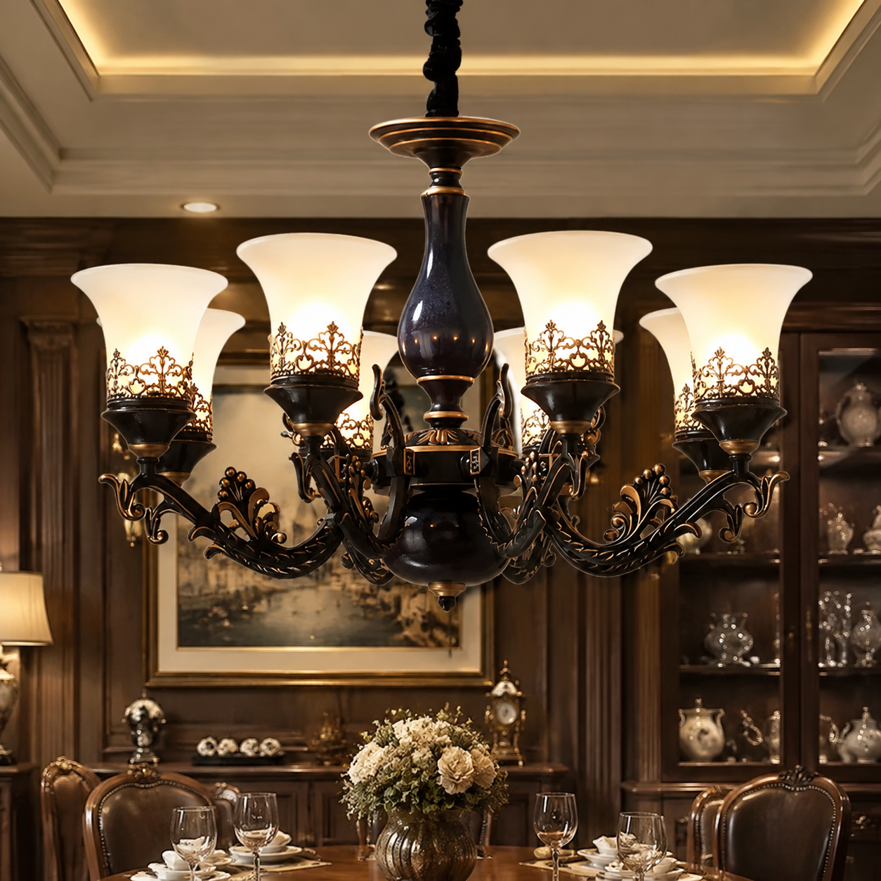 French Retro LED Chandelier – Ceramic Shade, 3/5/6/8 Arms