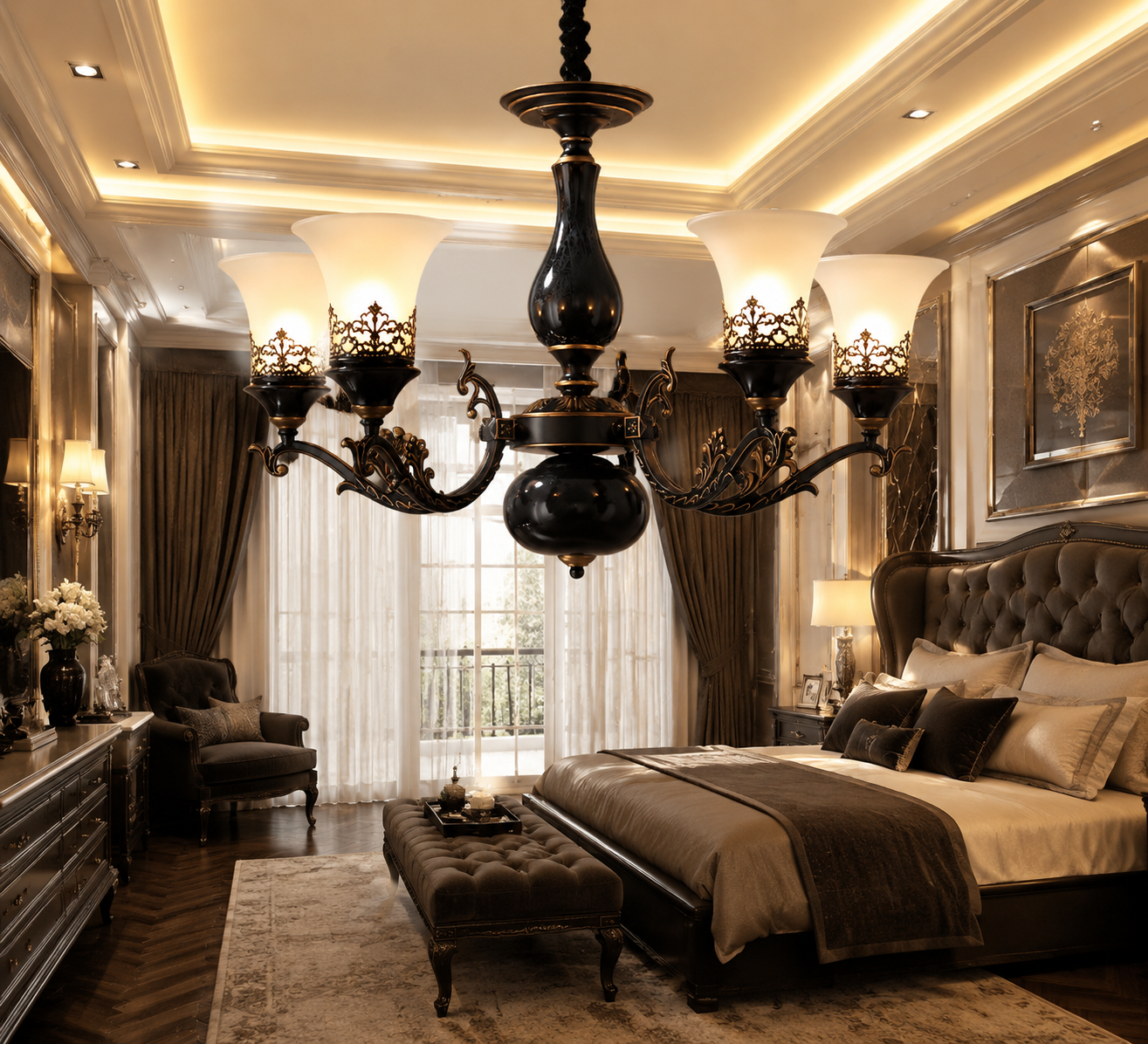 French Retro LED Chandelier – Ceramic Shade, 3/5/6/8 Arms