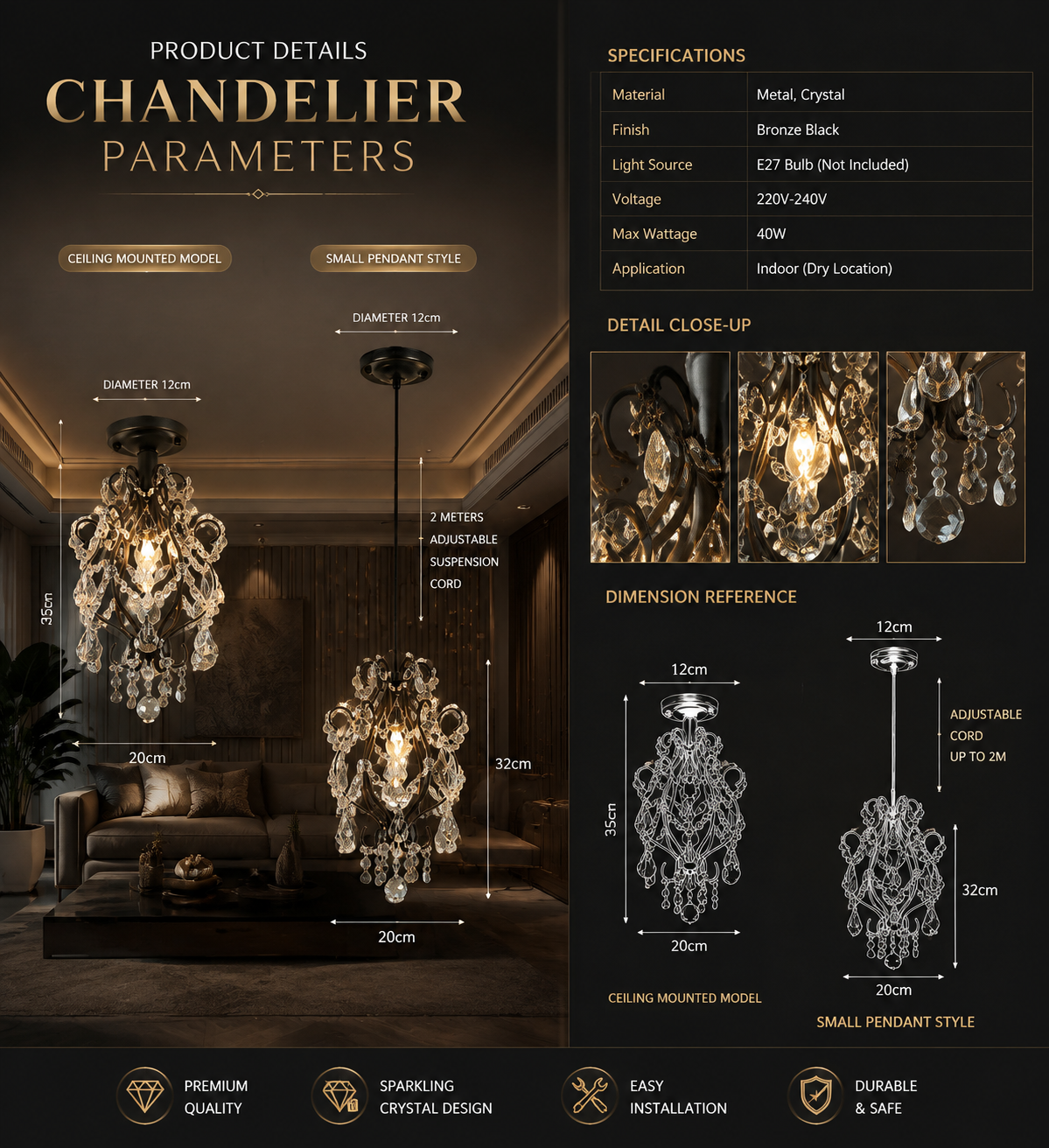 French Retro Crystal LED Pendant Light – Gold & Black, 1/3 Heads