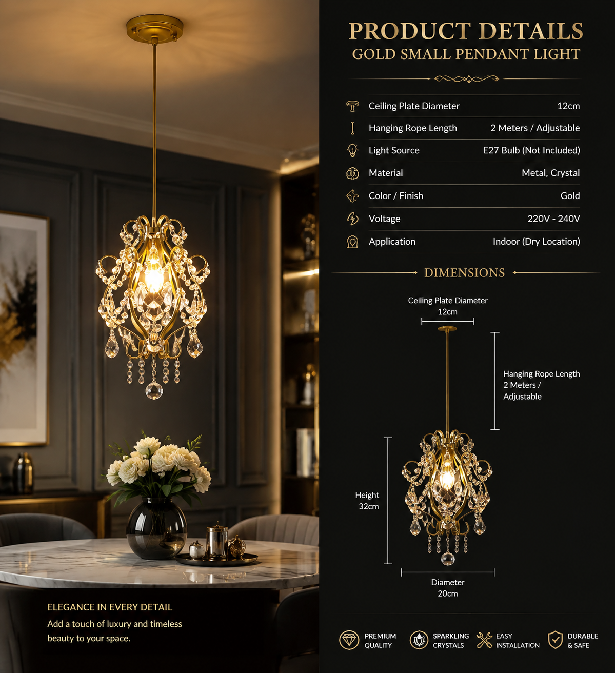 French Retro Crystal LED Pendant Light – Gold & Black, 1/3 Heads