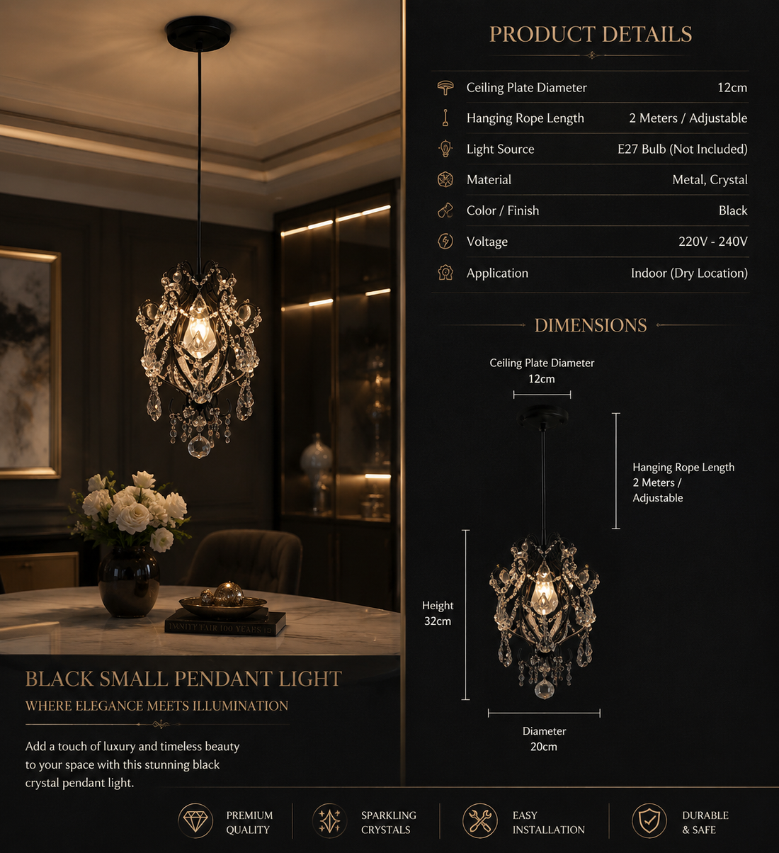 French Retro Crystal LED Pendant Light – Gold & Black, 1/3 Heads