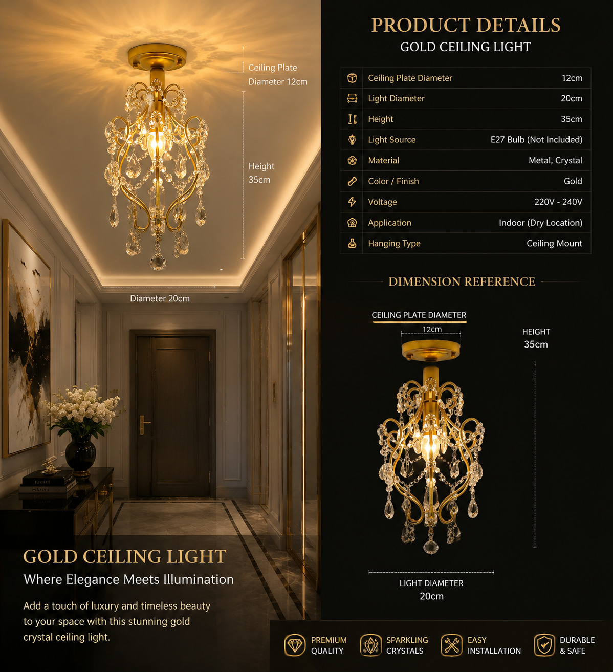 French Retro Crystal LED Pendant Light – Gold & Black, 1/3 Heads