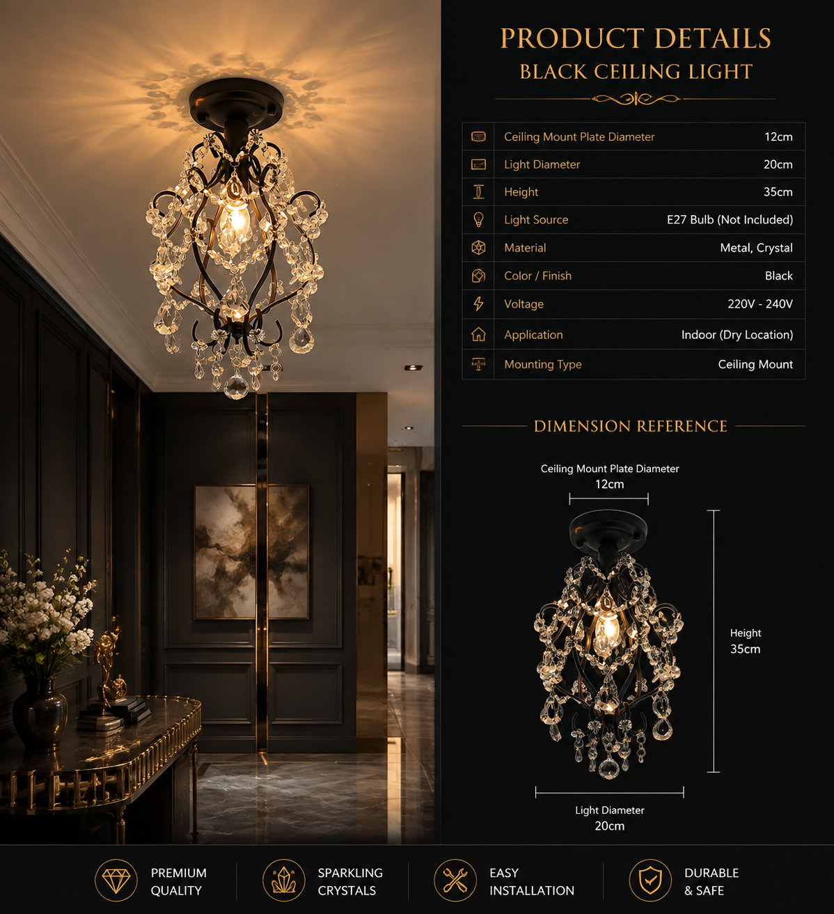 French Retro Crystal LED Pendant Light – Gold & Black, 1/3 Heads