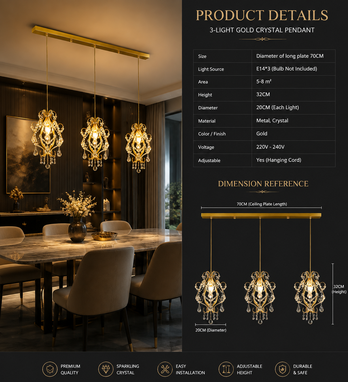 French Retro Crystal LED Pendant Light – Gold & Black, 1/3 Heads
