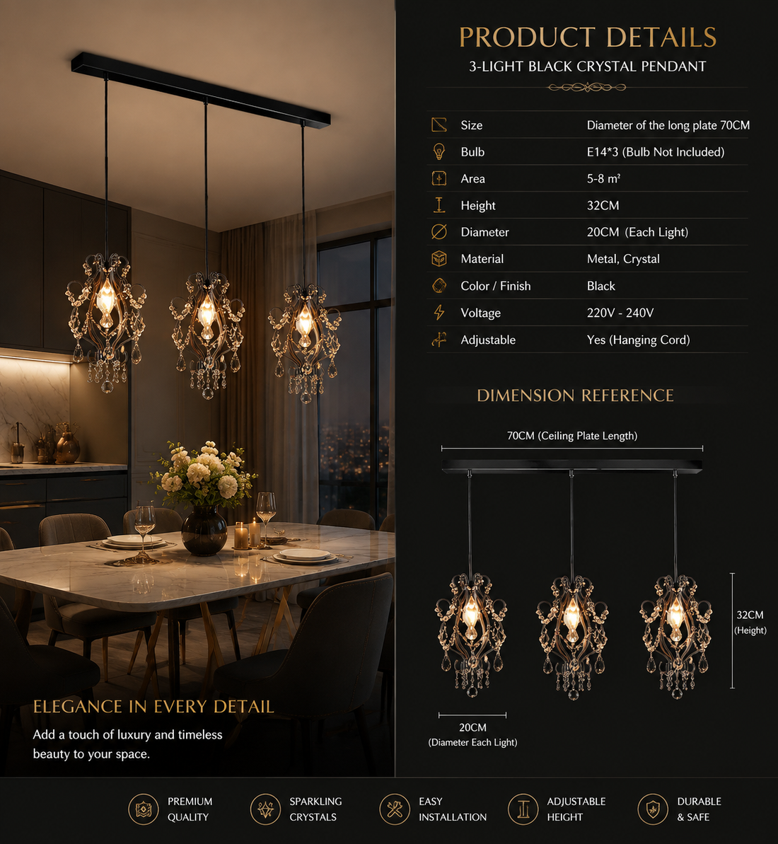 French Retro Crystal LED Pendant Light – Gold & Black, 1/3 Heads