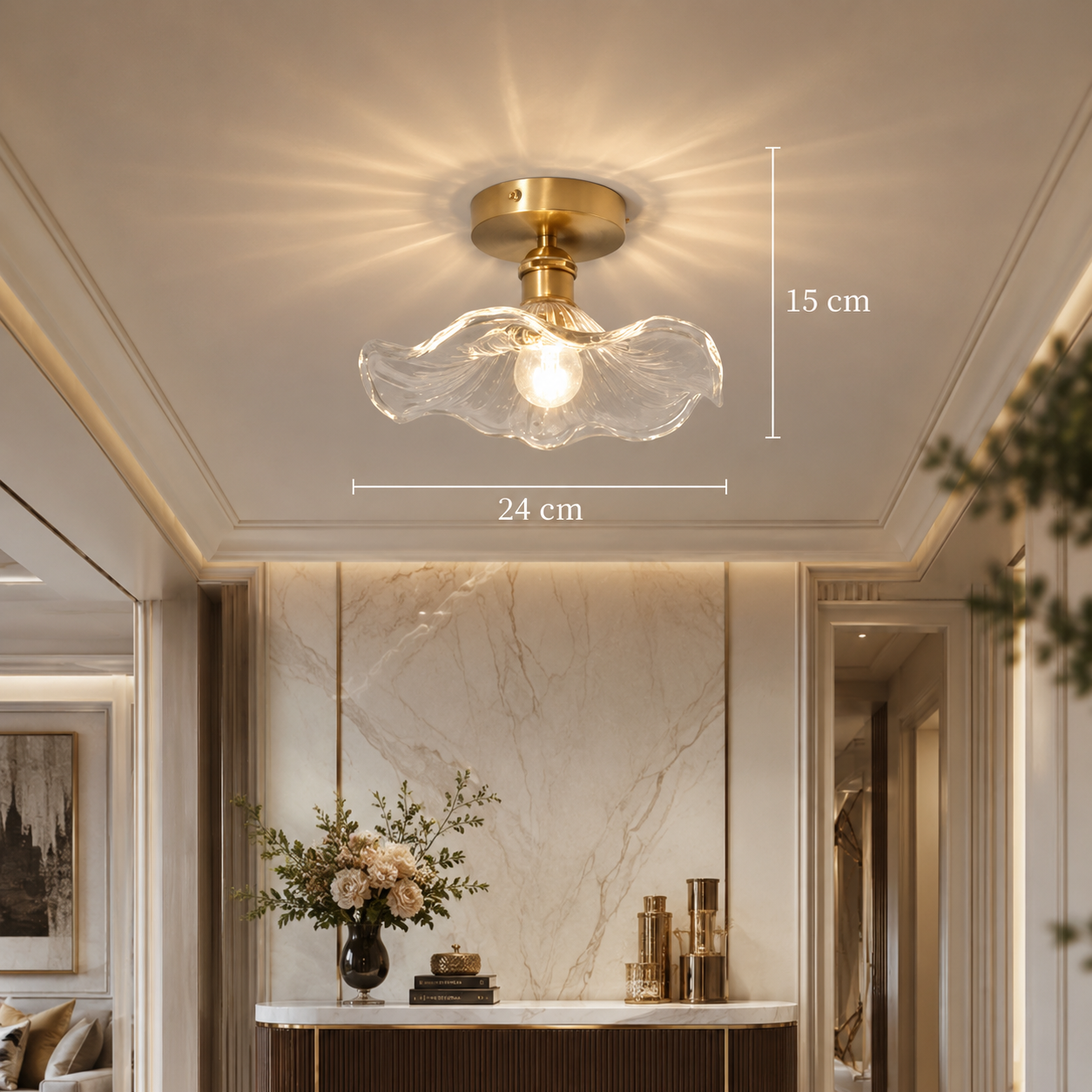 Gold & Glass Flower Surface-Mount Ceiling Light