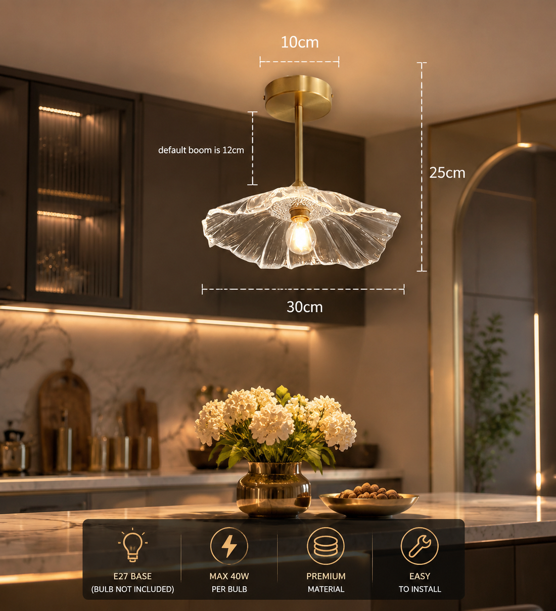 Gold & Glass Flower Surface-Mount Ceiling Light
