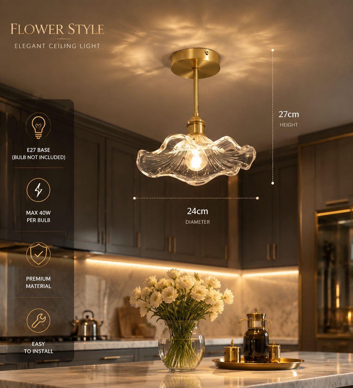 Gold & Glass Flower Surface-Mount Ceiling Light