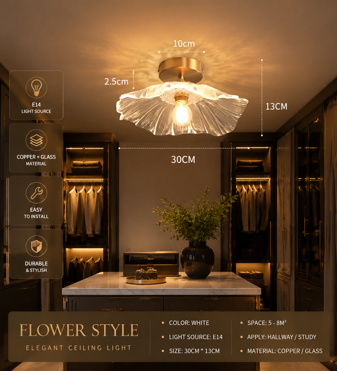 Gold & Glass Flower Surface-Mount Ceiling Light