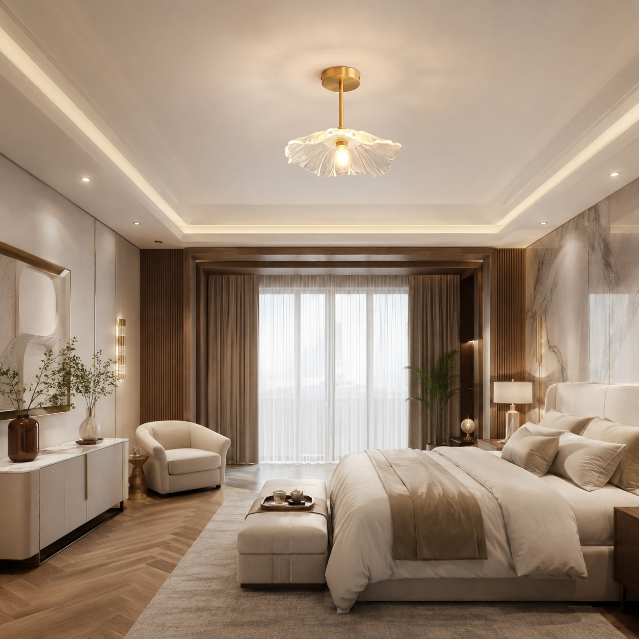 Gold & Glass Flower Surface-Mount Ceiling Light
