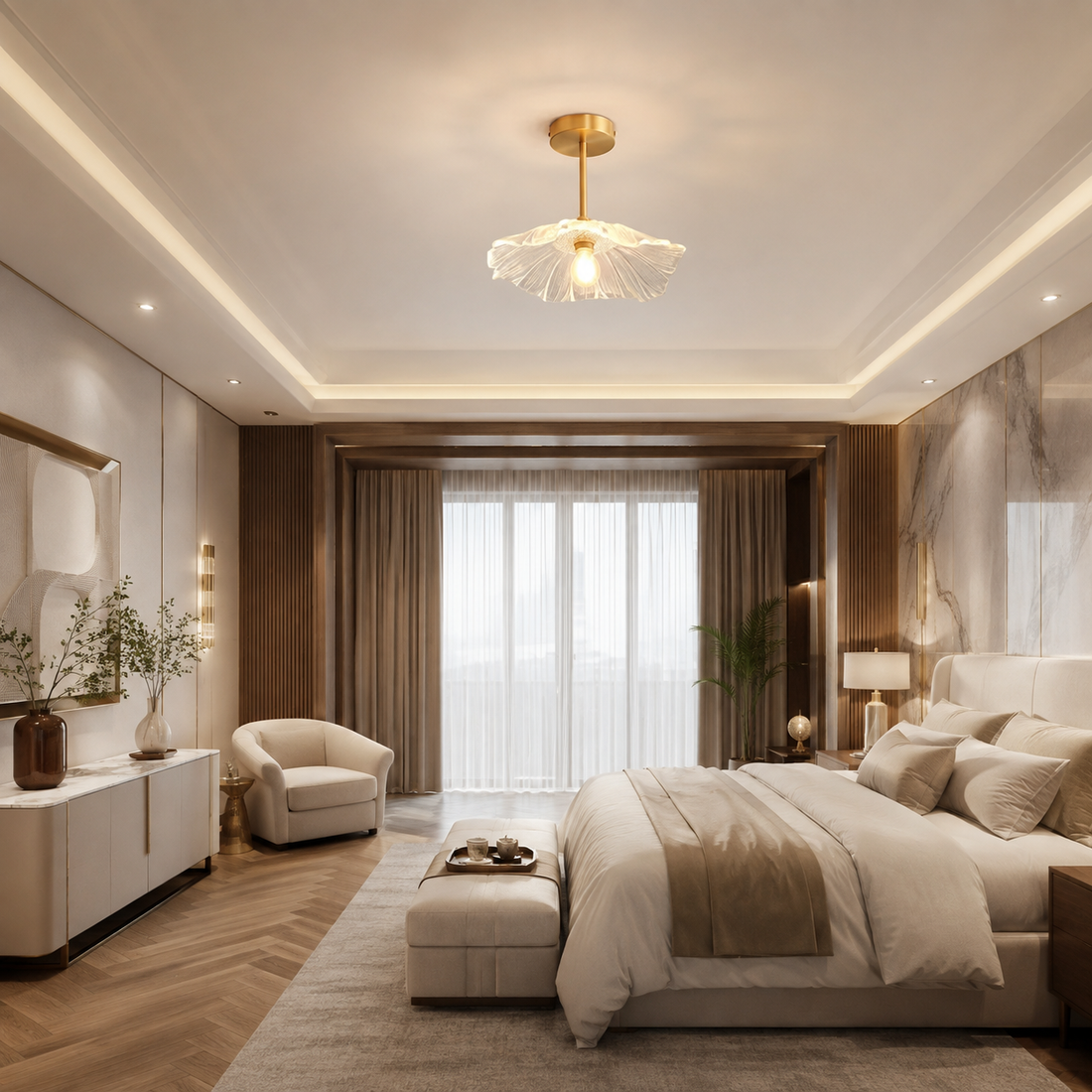 Gold & Glass Flower Surface-Mount Ceiling Light