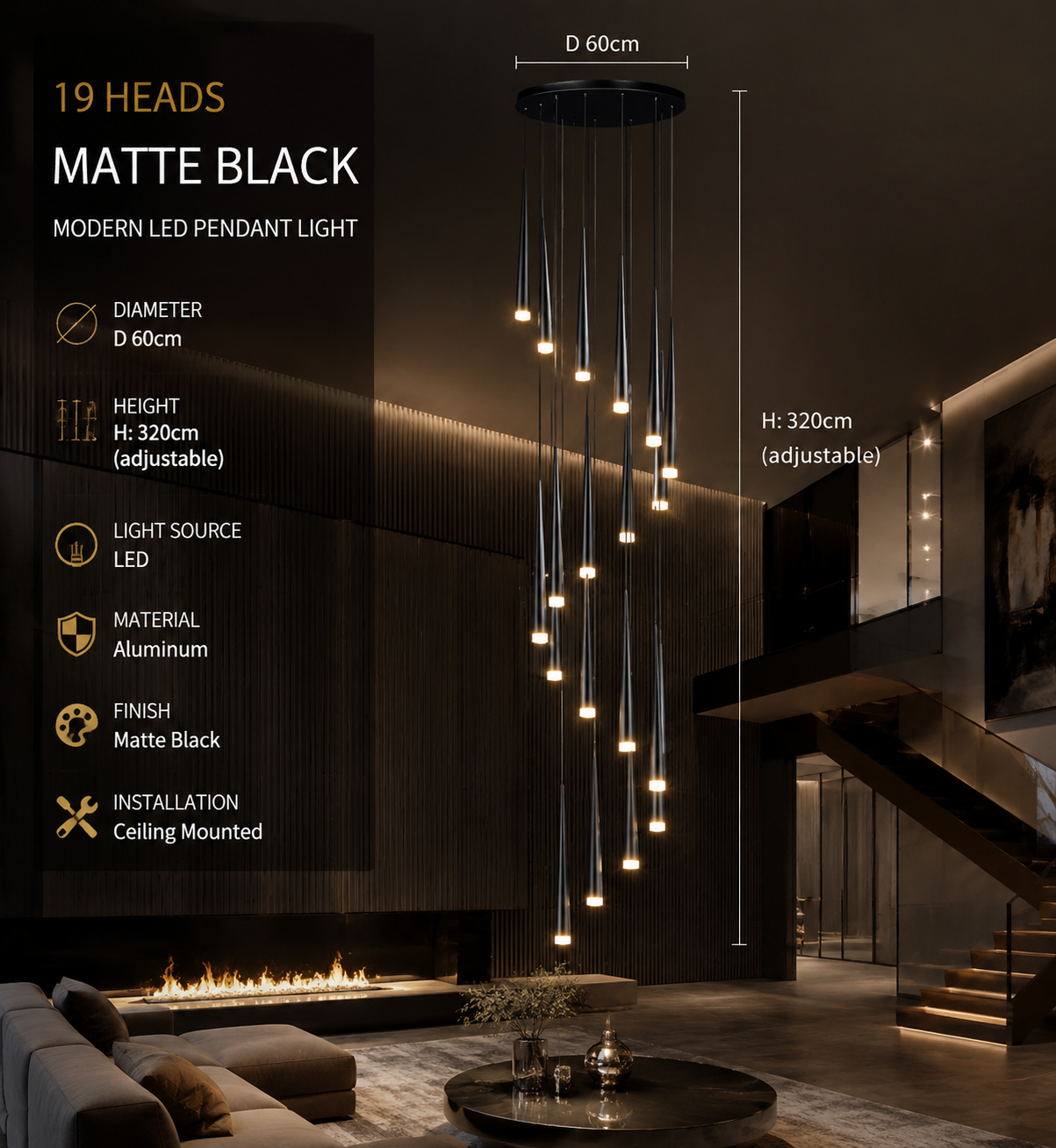Modern LED Crystal Staircase Chandelier in Black & Gold