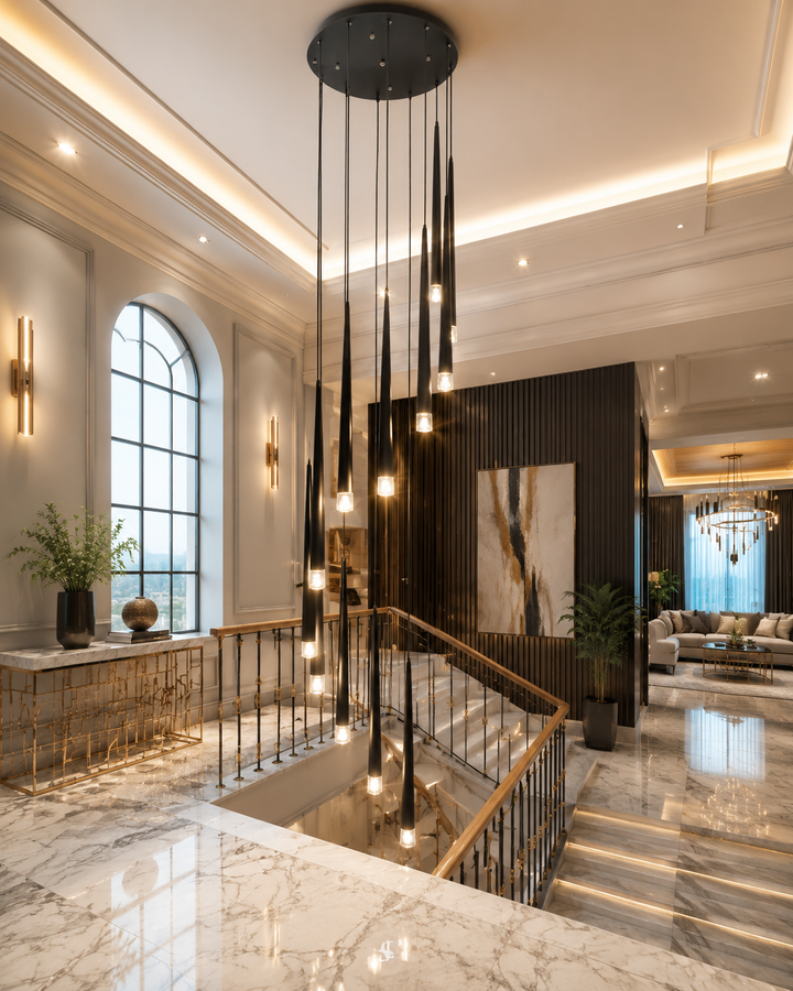 Modern LED Crystal Staircase Chandelier in Black & Gold