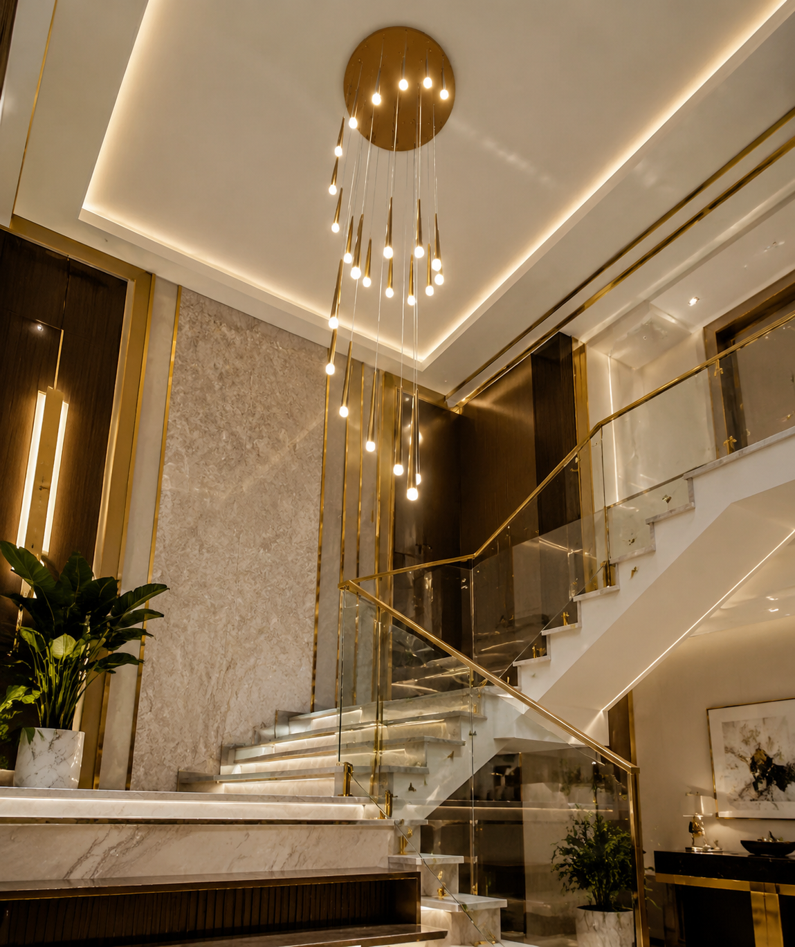 Modern LED Crystal Staircase Chandelier in Black & Gold