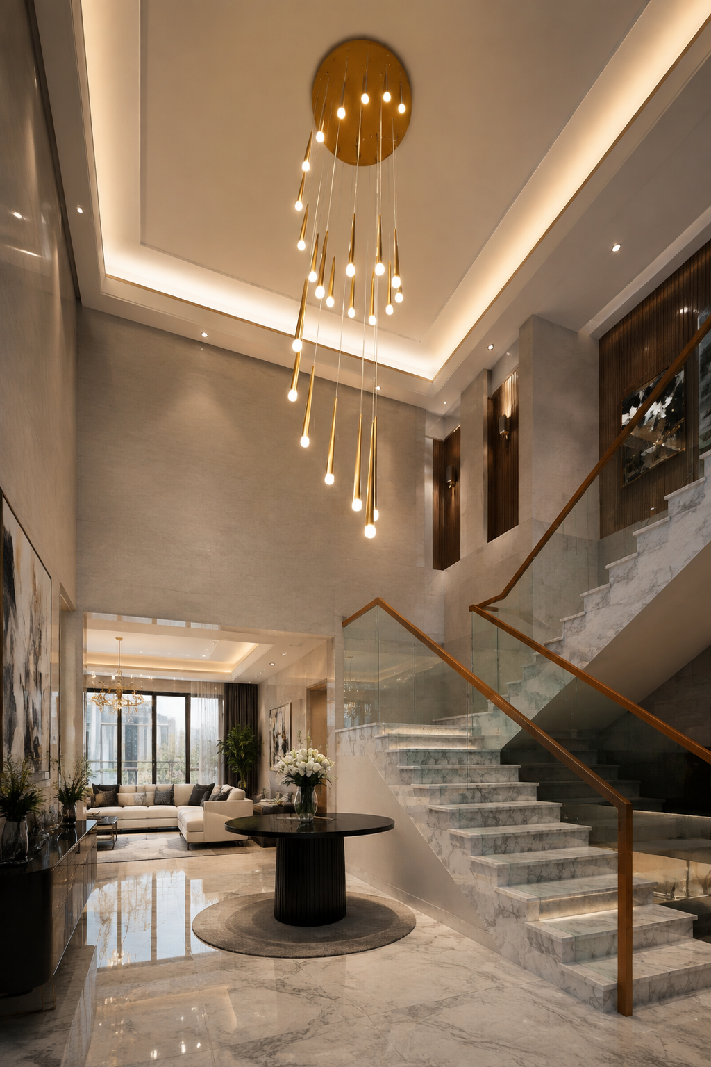 Modern LED Crystal Staircase Chandelier in Black & Gold