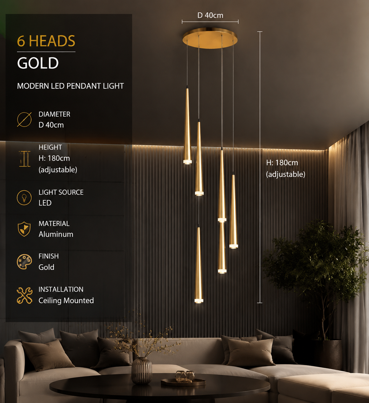 Modern LED Crystal Staircase Chandelier in Black & Gold
